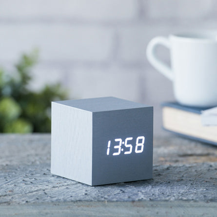 Gingko Wooden Cube Click Clock LED, Aluminium & White