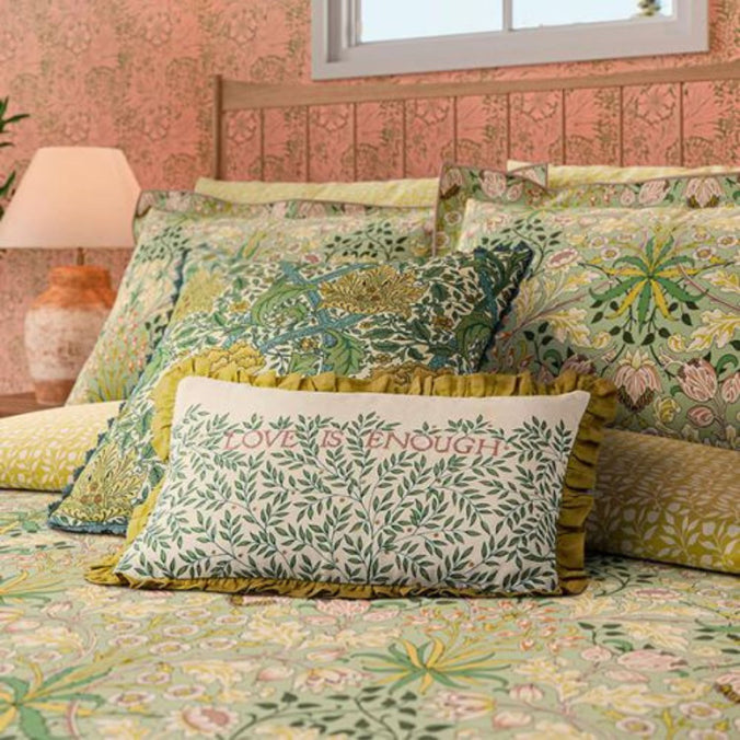 William Morris Love is Enough cushion 50x30cm in Evergreen & Coral
