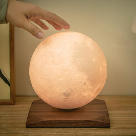 Smart LunaSpin Rotating 3D-printed Globe Lamp with Walnut Base by Gingko Design