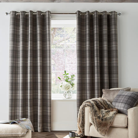 Laura Ashley Alfriston Check Blackout Lined Eyelet Curtains Pale Charcoal, Width 223cm (88") x Drop 183cm (72")