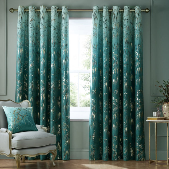 Clarissa Hulse Meadow Grass Teal Lined Eyelet Curtains