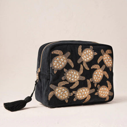 Elizabeth Scarlett Turtle Conservation Velvet Wash Bag, Charcoal
