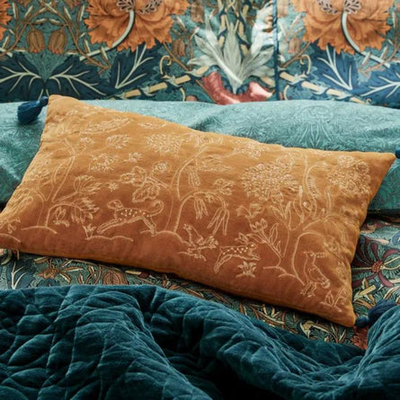 Morris & Co Honeysuckle & Tulip Feather Filled Velvet Cushion, 50x30cm, Saffron