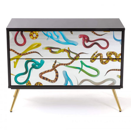 Seletti Wears Toiletpaper Mirrored Chest of 2 Drawers, Snakes H70cm