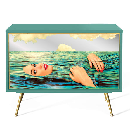 Seletti Wears Toiletpaper Mirrored Chest of 2 Drawers, Seagirl H70cm