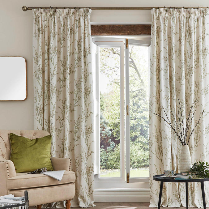 Laura Ashley Pussy Willow Off White - Hedgerow Lined Pencil Pleat Curtains